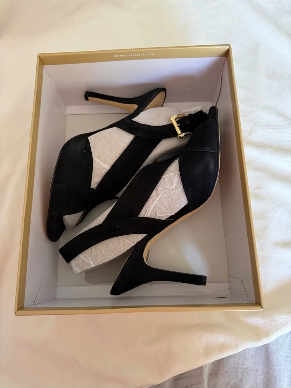 Michael Kors Black Suede Crisscross Slingback Heels with Gold Buckle